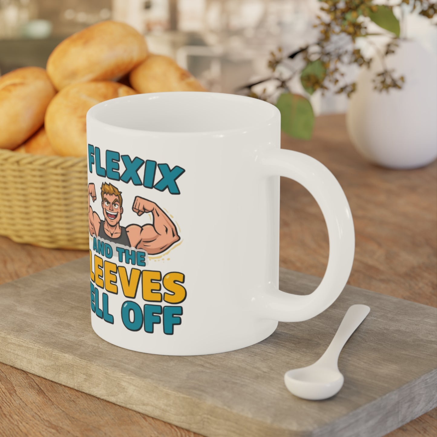 Funny Fitness Mug — “I Flexix and the Sleeves Fell Off” Ceramic Coffee Cup