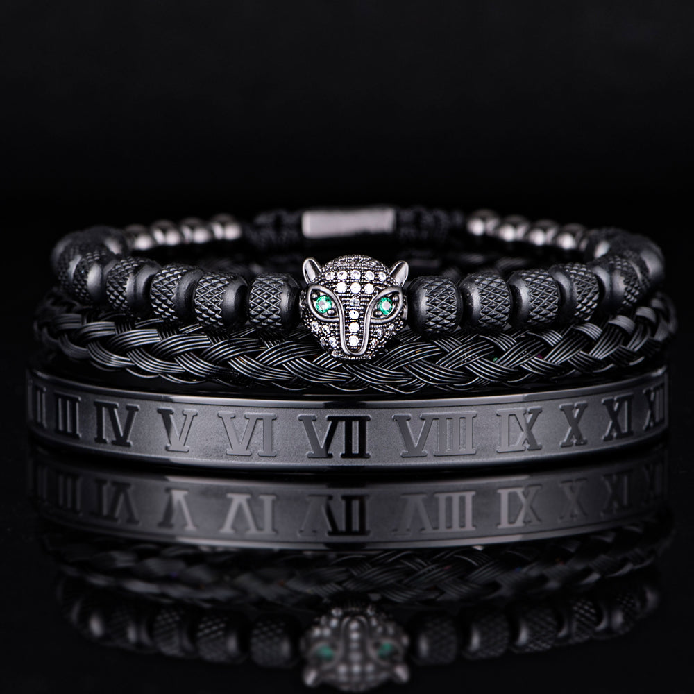 ogzz3pcssetClassicalHandmadeBraidingBraceletHipHopMenPaveCZLeopardHeadRomanNumeralBra