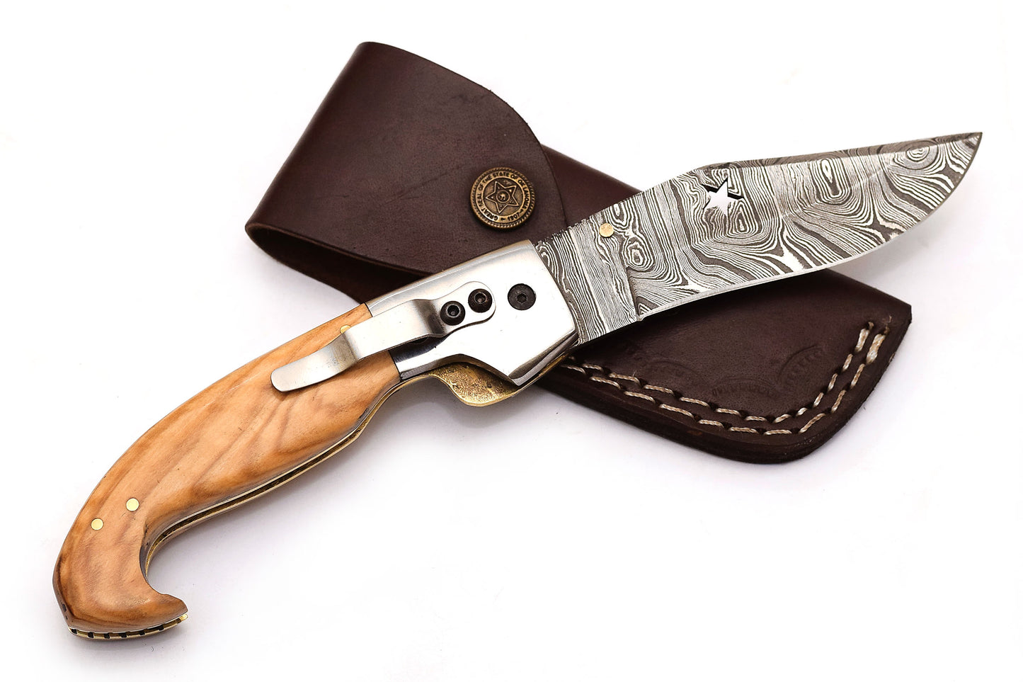 ALFARI Damascus Pocket Knife Clip For Men Folding Knife Deal For Camping Outdoor Hiking With Sheath 3