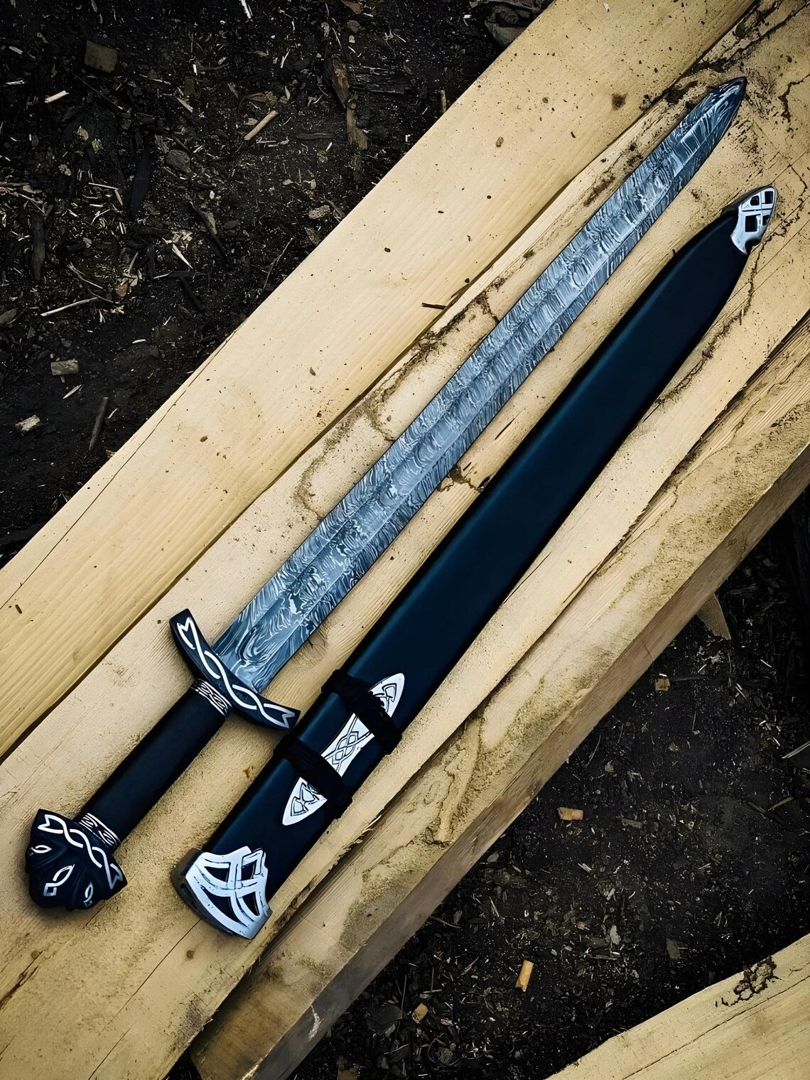 ALFARI 38 Inches Damascus Steel Sword Viking Double Edge Sword With Sheath Handmade Barbarian Sword 3