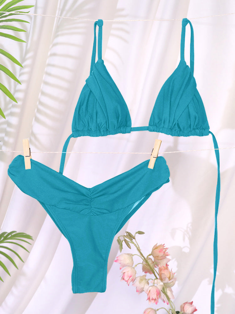 Flattering Triangle Bikini Swimsuit Solid Color Bikinis With Bandage Bathsuit Low Rise Waist Bathwe 12