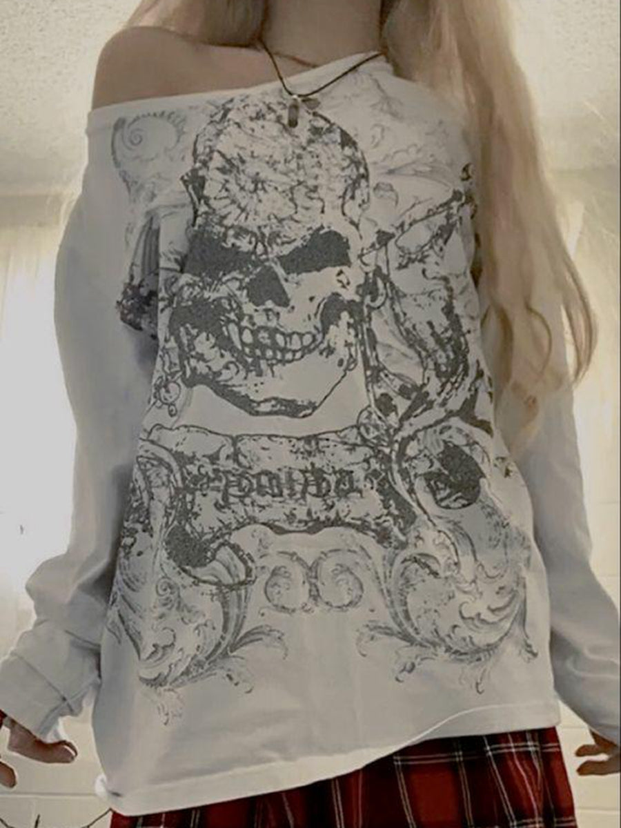 Women Grunge Fairy Tops Fashion Halloween Party Blouse, Long Sleeve Off Shoulder Skull Print Casual Street Fall T-Shirt