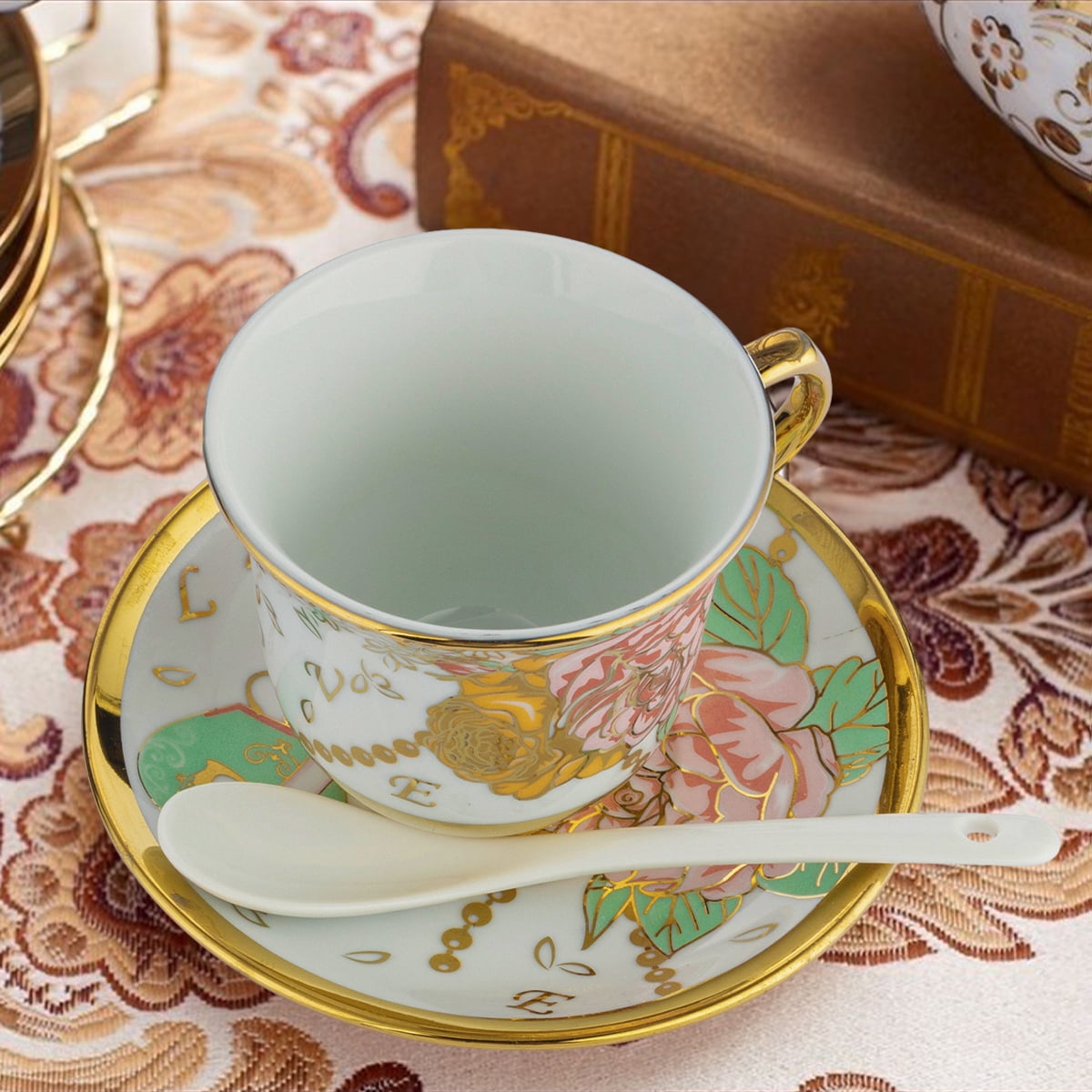 Premium Ceramics Tea Cup Set for Adults – 20 Pcs Coffee Cups with Stylish Metal Holder, Gold Accents