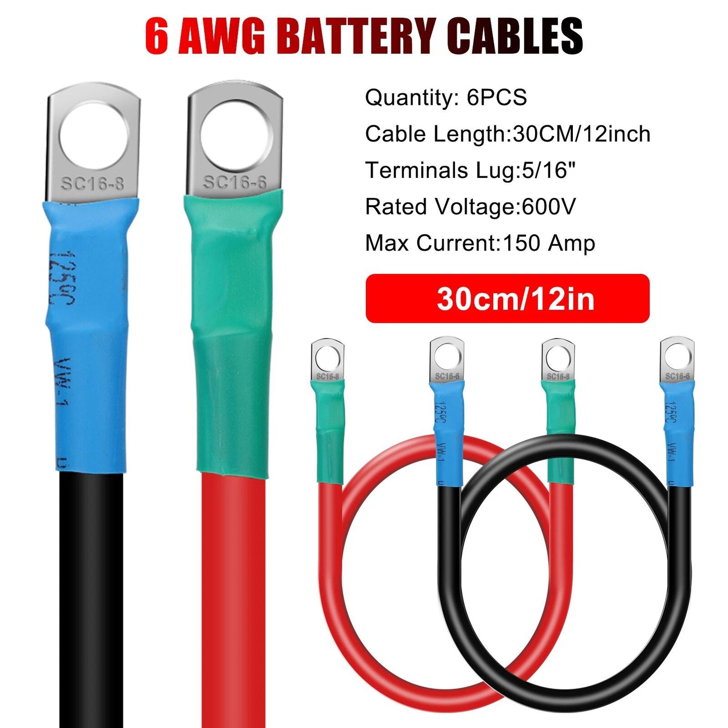 6 AWG Marine Battery Cables 12V 30CM with 516 Tinned Copper Lugs