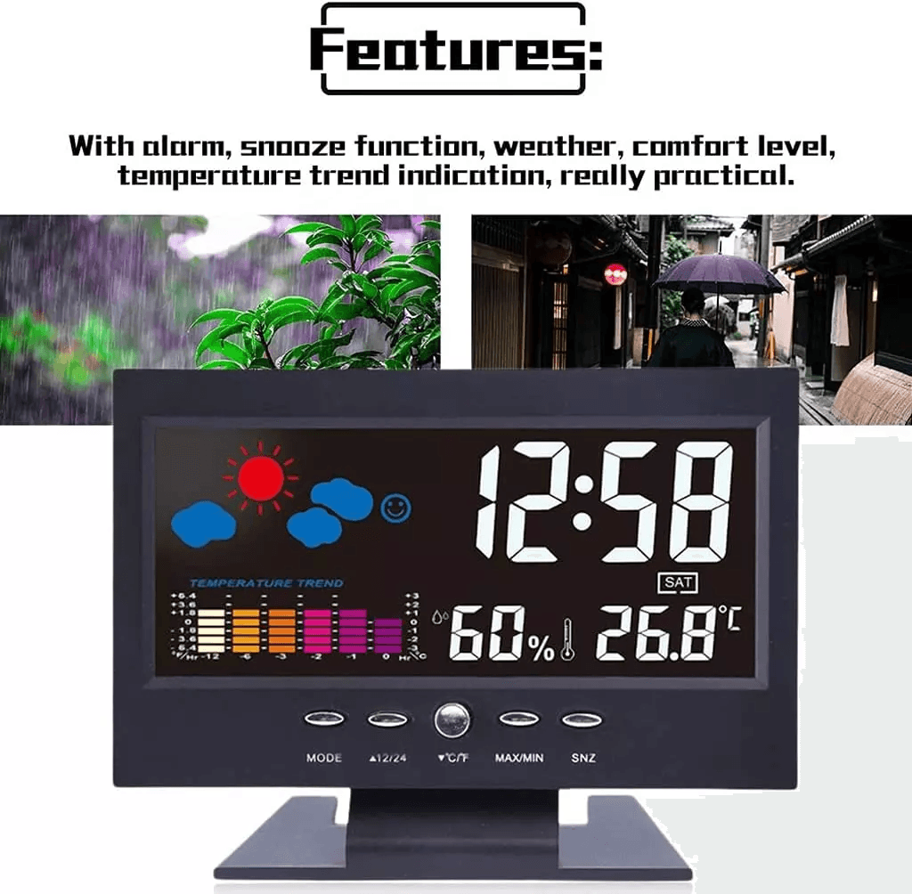 LED Digital Alarm Clock With Snooze Thermometer Hygrometer Calendar Weather Display Voice Control B 12