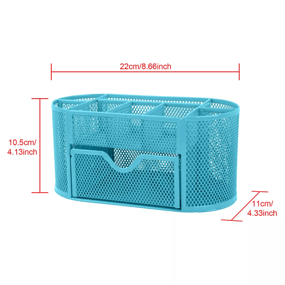 Desk Organizer Metal Mesh Pen Pencil Holder Tray Office Desktop Storage Blue 3