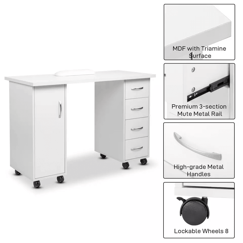 Double Sided Manicure Table Nail Desk With Drawers Wrist Rest Salon Makeup Station Office Storage 8 5