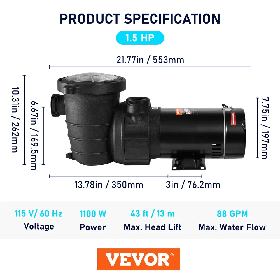 Above Ground Swimming Pool Pump 88 GPH Flow Rate BuiltIn Strainer For Clean Water Quiet Durable Op 5