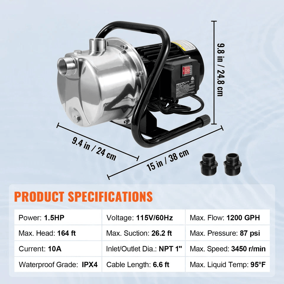 HeavyDuty Portable Garden Water Jet Pump Shallow Well Pump With Stainless Steel Jet Head High Flow 11