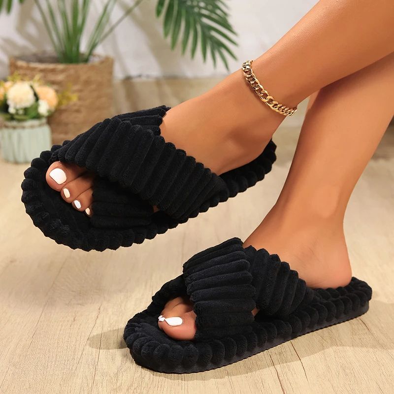 Fashion Corduroy Cross Band Home Slippers For Women Autumn Winter Warm Plush Indoor Slides With So 1