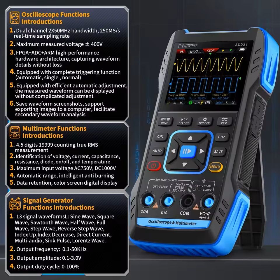 Handheld Digital Oscilloscope Multimeter With Signal Generator 50MHz Dual Channel 8