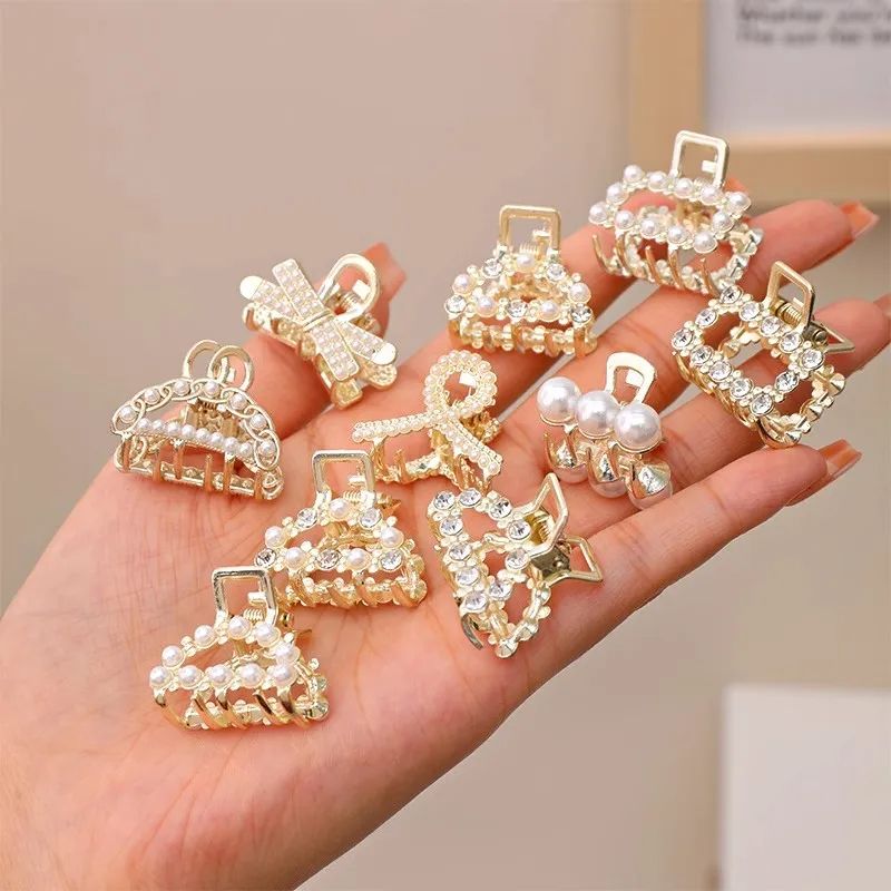 Small Rhinestone Pearls Geometric Metal Hair Claws For Women Mini Hair Clips Hairpins Sweet Hair Ac 8