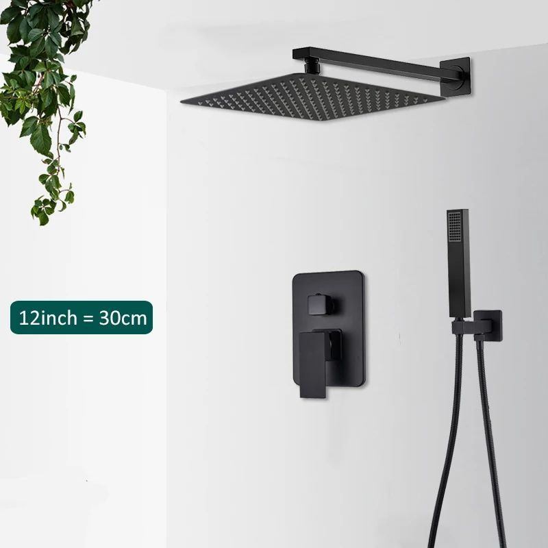 Rain Waterfall Black Concealed Shower Faucet Set With Tub Spout Embedded Bathroom Shower System Wal