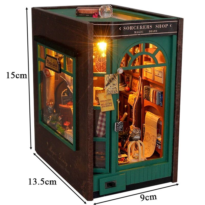 DIY Book Nook Insert Shelf Kit Wooden Miniature Sorcerers Shop Model Magic Diary Casa Bookend Books 5