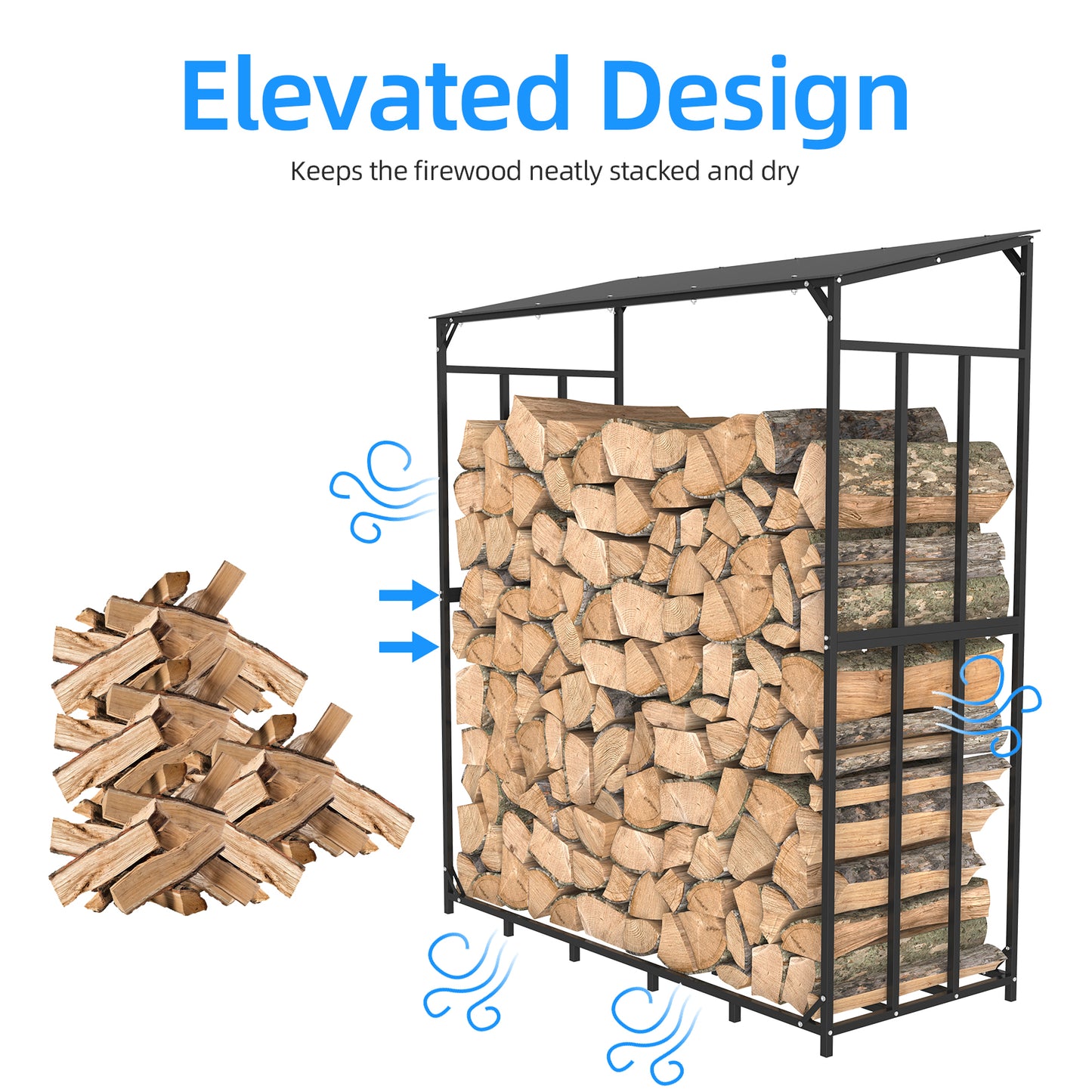 Heavy Duty Tall Metal Firewood Rack with Top Cover, Outdoor Wood Storage Stacking Stand for Deck & Backyard