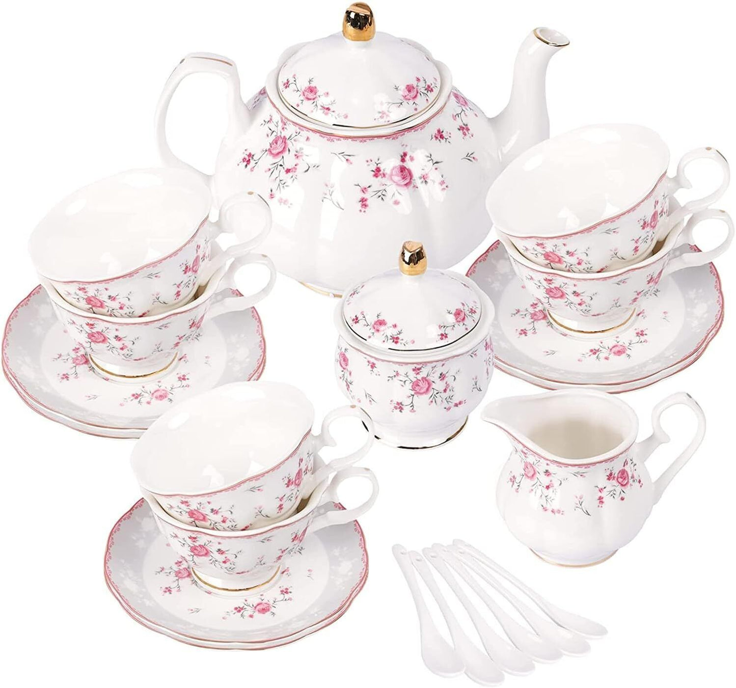 Elegant Porcelain Tea Sets For Adults Floral Tea Cups Set Of 6 With Sugar Bowl Creamer 9