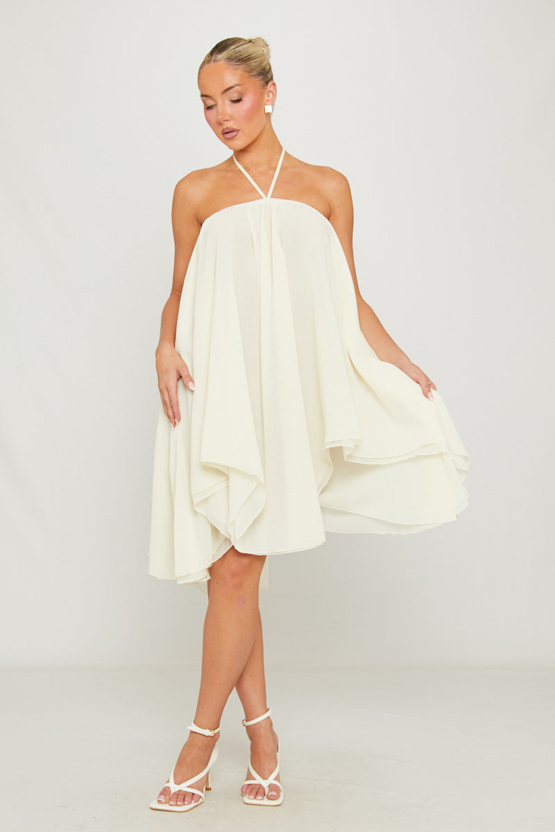 Cream Chiffon Halter Asymmetric Mini Dress