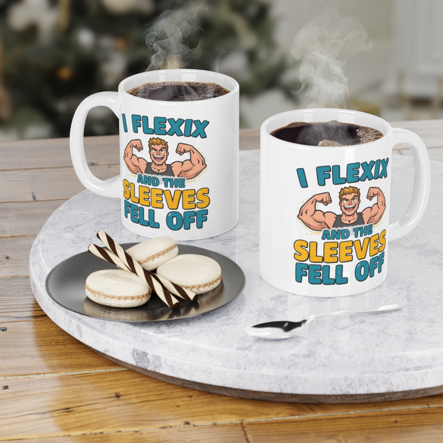Funny Fitness Mug — “I Flexix and the Sleeves Fell Off” Ceramic Coffee Cup