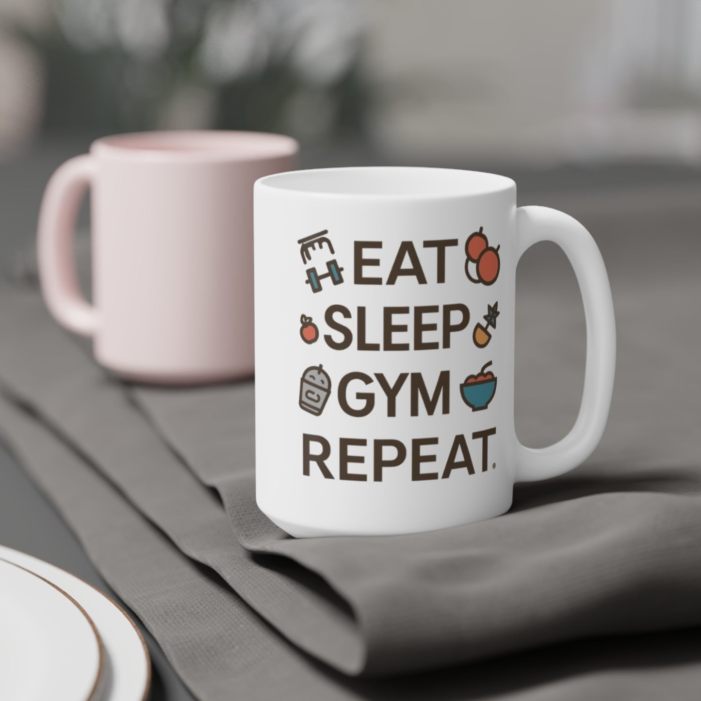 Eat Sleep Gym Repeat Mug — Funny Fitness Ceramic Coffee Cup