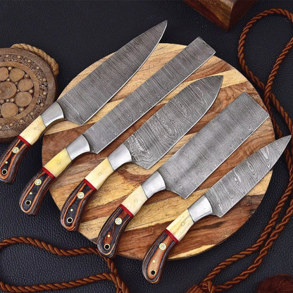 Handmade Damascus Steel Knife Set with Camel Bone & Wood Handles - 5-Piece Professional Chef Knife Set