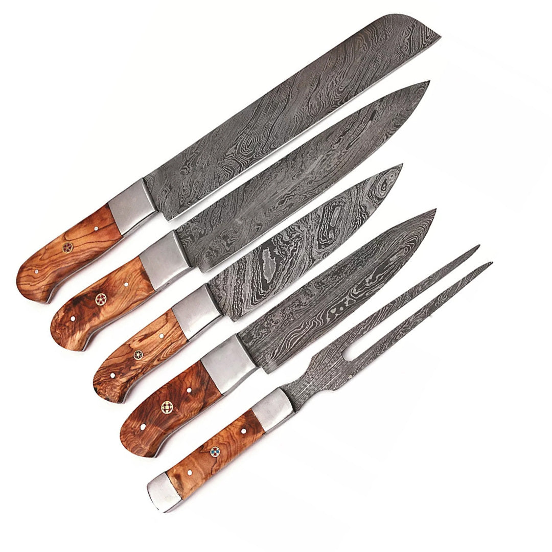 Handmade Damascus Steel Knives with Natural Wood Handles – 5-Piece Professional Chef Knife Set