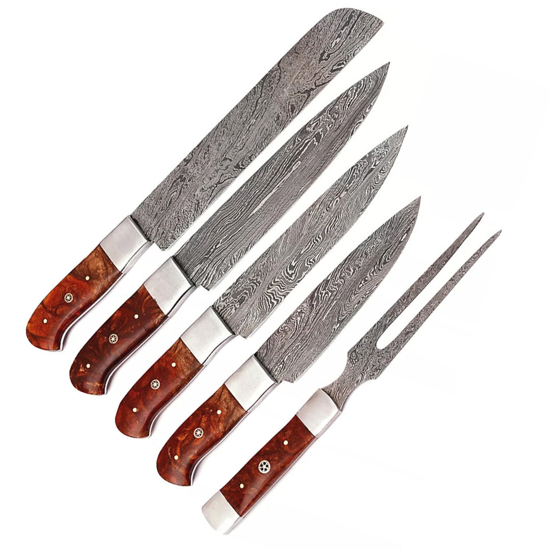 Handmade Damascus Steel Knives with Natural Wood Handles – 5-Piece Kitchen Knife Set
