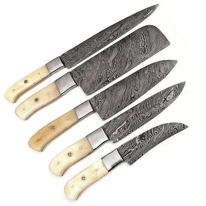 Handmade Custom Damascus Steel Kitchen Knives Set with Camel Bone Handles – 5-Piece Professional Chef Set