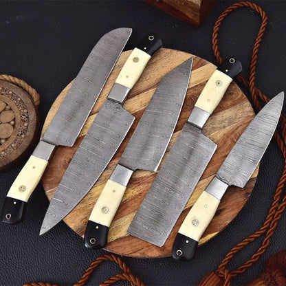 Premium Custom Handmade Damascus Steel Kitchen Knives Set with Camel Bone Handles – 5-Piece Professional Set