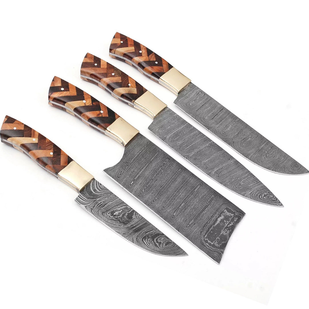 Damascus Steel Knife Set | 4-Piece Hand-Forged Chef Knives with Wood & Brass Handles | Premium Damascus Kitchen Set with