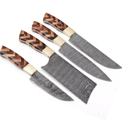 Damascus Steel Knife Set | 4-Piece Hand-Forged Chef Knives with Wood & Brass Handles | Premium Damascus Kitchen Set with