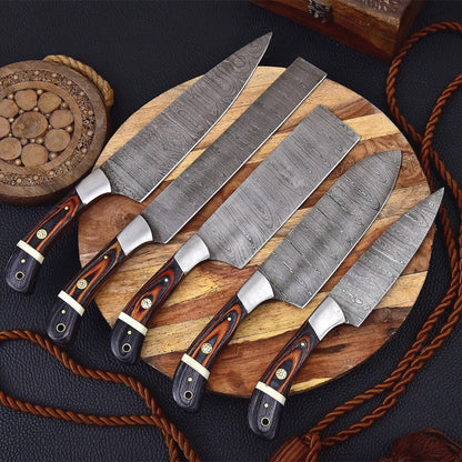 Handmade Damascus Steel Knife Set | 5-Piece Chef Collection with Wood & Steel Handles | Premium Hand-Forged Kitchen