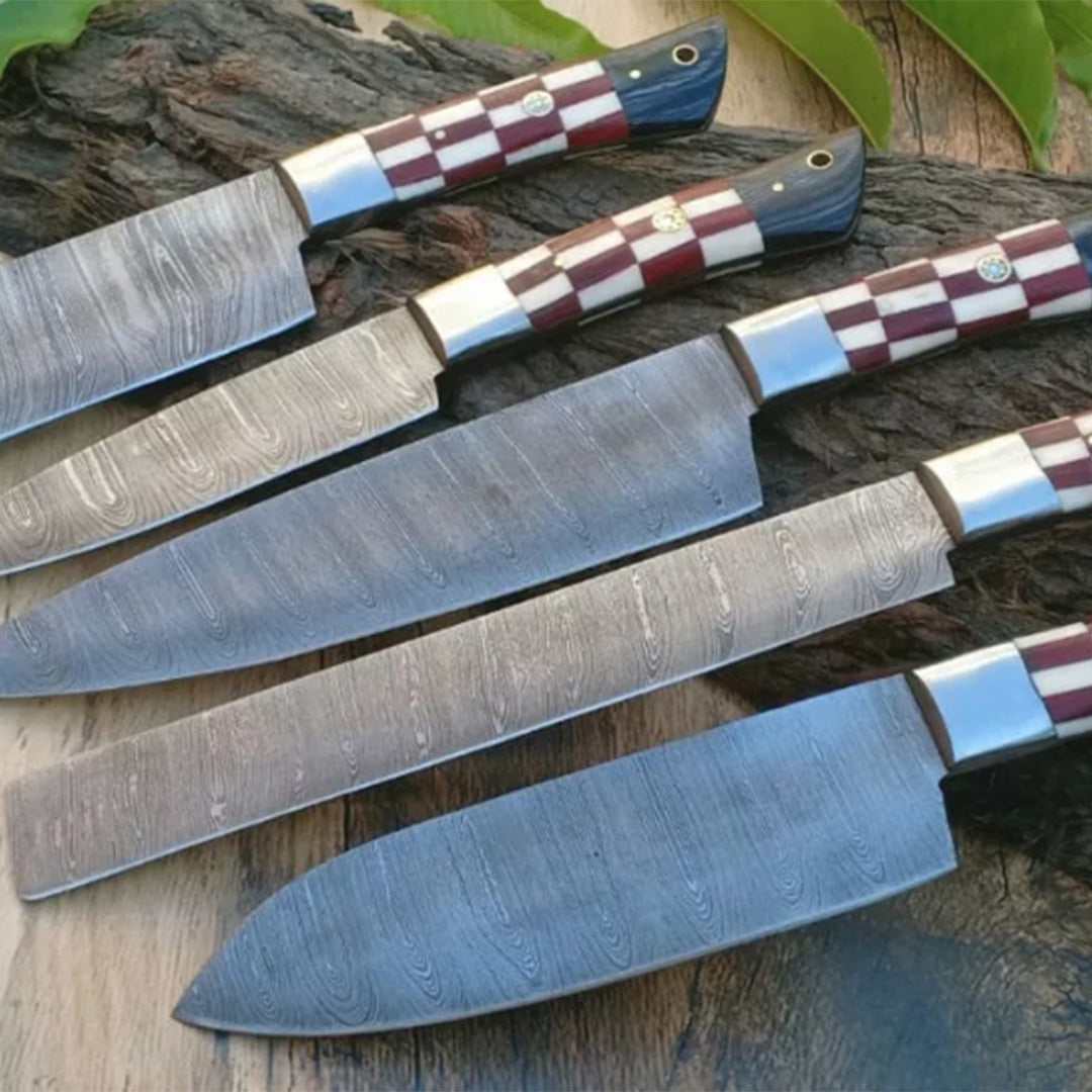 Damascus Steel Knife Set | 5-Piece Professional Chef Collection with Distinctive Wavy Pattern | Premium Hand-Forged Kitc