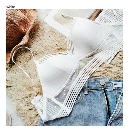Closeup of soft lace material on the Low Back Wireless Lace Bra providing breathable comfort
