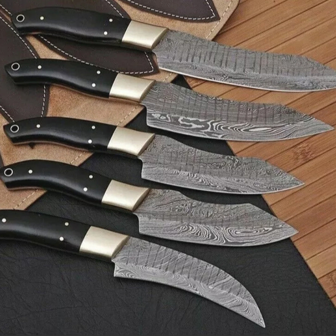 Hand-Forged Damascus Steel Kitchen Knife Set | 5-Piece Chef Collection with Bull Horn & Brass Handles | Premium Handmade