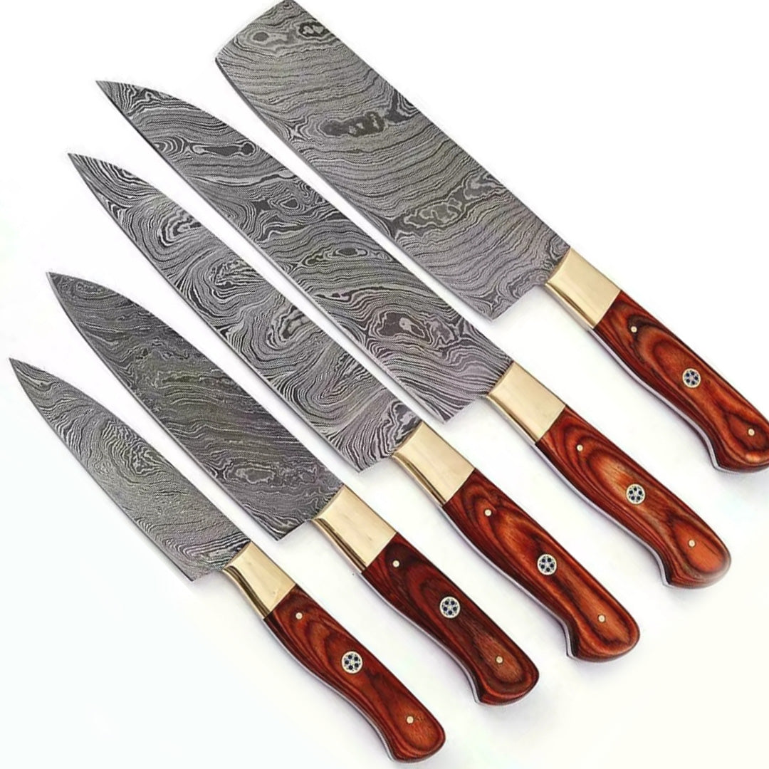 Hand Forged Kitchen Knife Set with Wood and Brass Handles - Ultimate Precision