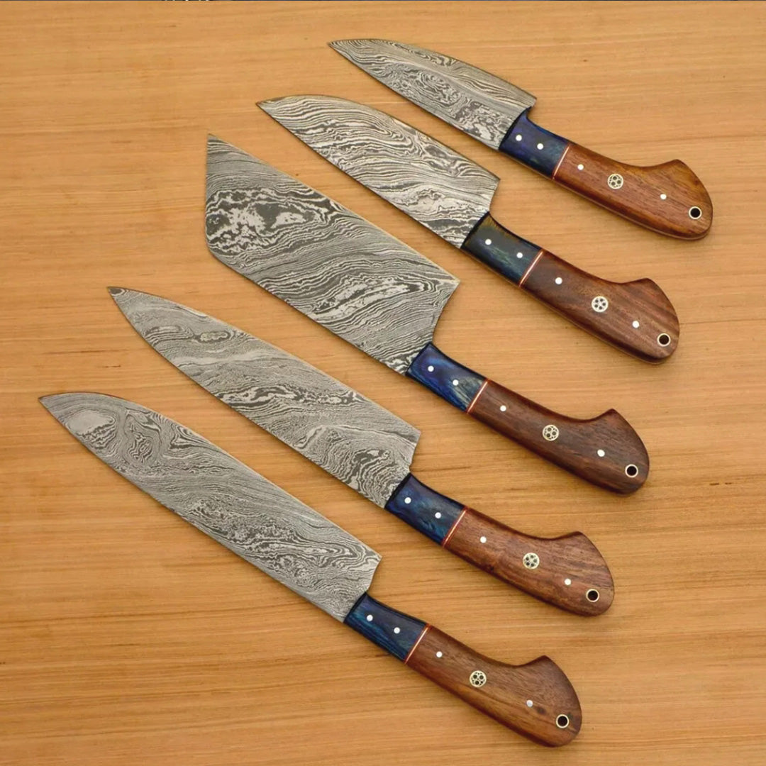 Hand-Forged Damascus Steel Chef Knife Set (5-Piece) - Razor Sharp