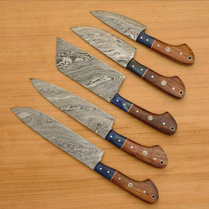 Hand-Forged Damascus Steel Chef Knife Set (5-Piece) - Razor Sharp
