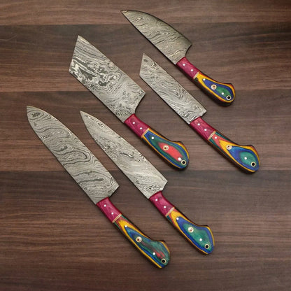 Custom Handmade Hand Forged Damascus Steel Chef Knife Setsjpg
