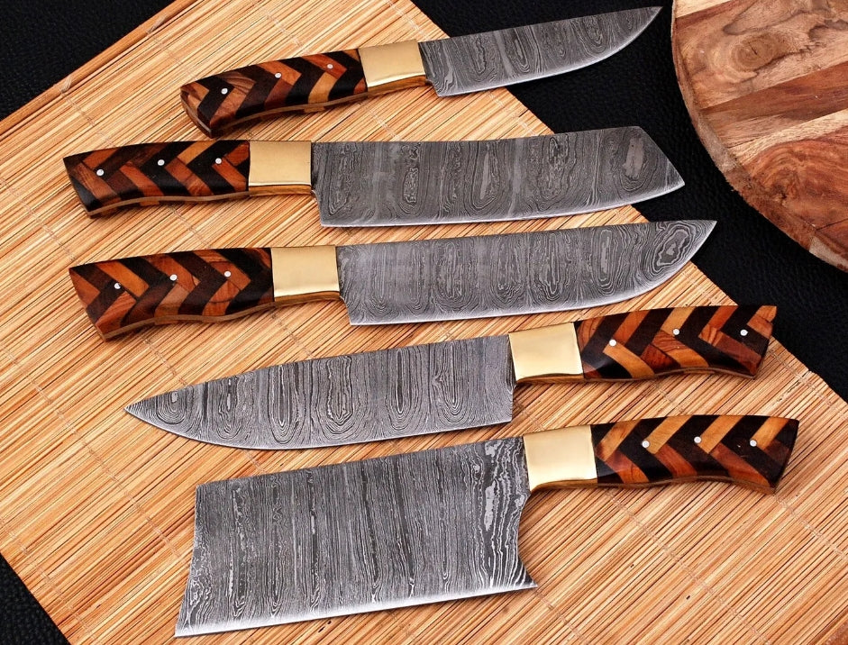 5 PC Custom Handmade Hand Forged Damascus Steel Chef Knife Setjpeg