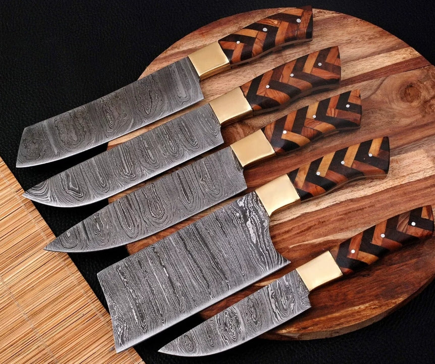 5 PC Custom Handmade Hand Forged Damascus Steel Chef Knife Sets