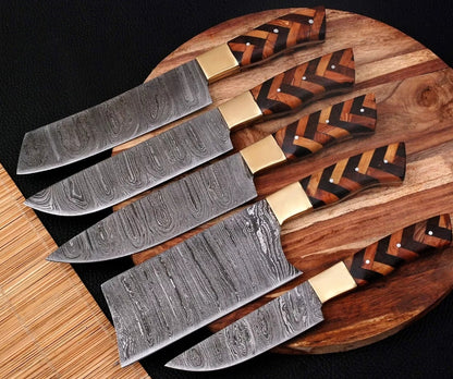 5 PC Custom Handmade Hand Forged Damascus Steel Chef Knife Sets