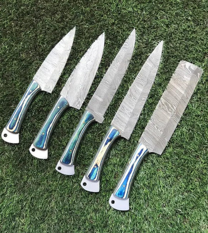 5 Pc Custom Handmade Hand Forged Damascus Steel Chef Knife Sets
