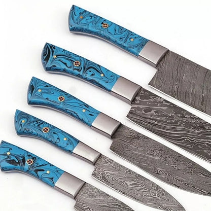 Handmade Damascus Chef Knife Set Of 5 Pcs With leather Sheath Father's Day Gift Groomsmen Gift BBQ