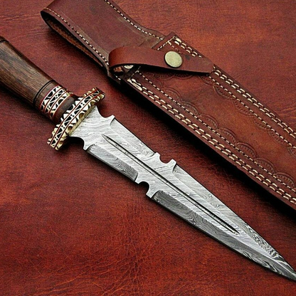 Custom Handmade Damascus Steel Hunting Dagger Knife With leather Sheath2jpg