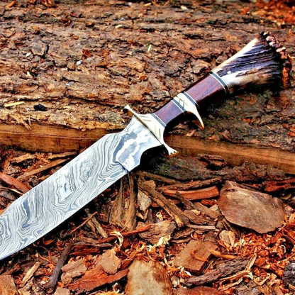 Stag crown Forged Knife  Damascus Knife  GIFT For Men  With Leatherjpg