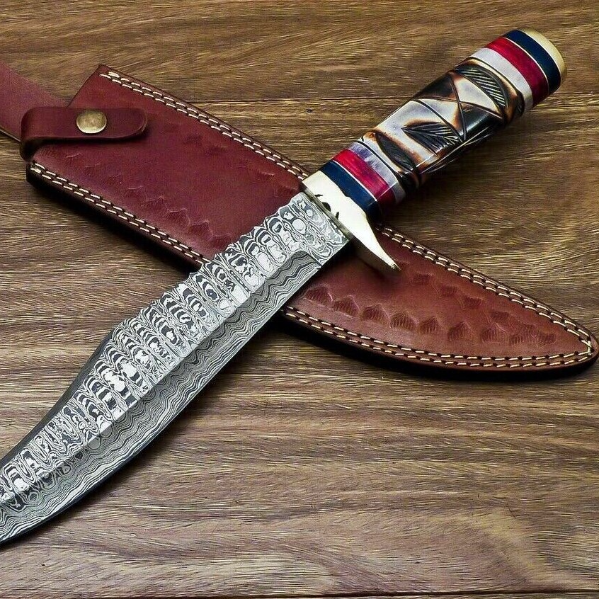Custom Made Damascus Steel Hunting BOWIE Knife With Handmade Cow Leatherjpg