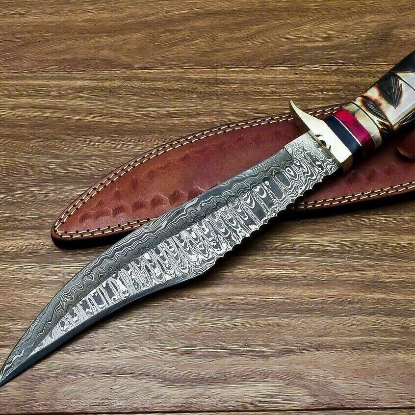 Custom Made Damascus Steel Hunting BOWIE Knife With Handmade Cowjpg