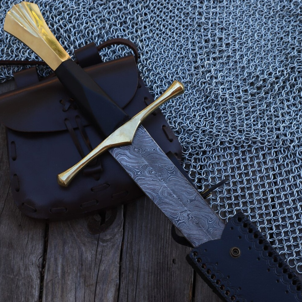 New Horizons Collectible Templar-Style Sword Hand Forged Damascus Steel Medieval Inspired Sword with Leather Sheath Twist Pattern.jpg