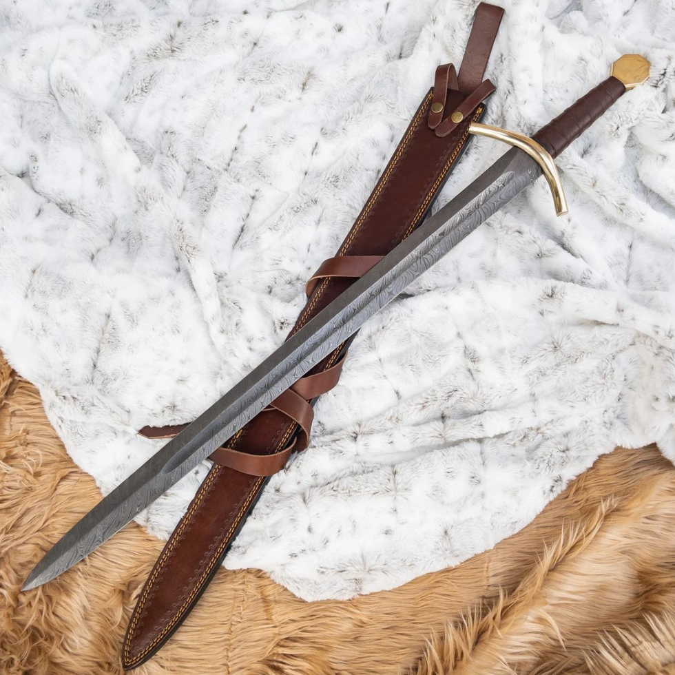 Einherjar Blade of Valhalla Damascus Steel Viking Long Sword - Hand Forged Norse Inspired Collectible Replica Sword
