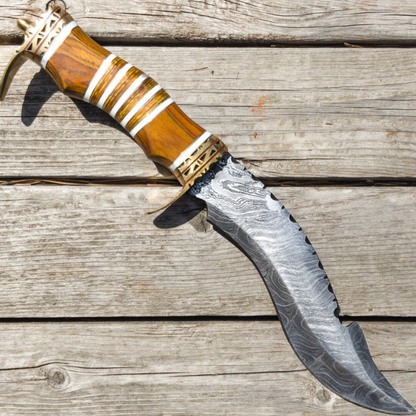 Assured Victory Damascus Steel Kukri Knife  Collectible Hunting Sawback Machete with Leather Sheath